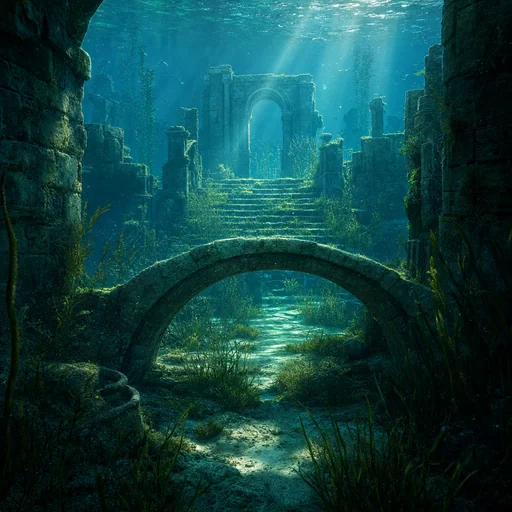 A submerged stone courtyard with a low arch, seagrass-covered steps and soft blue-green shafts of light.