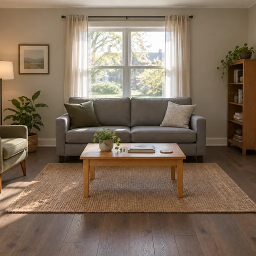 Living room with smoky dark-oak flooring around the original gray sofa, wood table and woven rug.