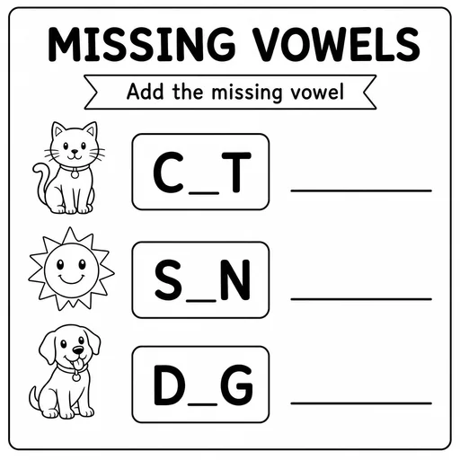 Missing vowels worksheet with cat, sun and dog pictures.