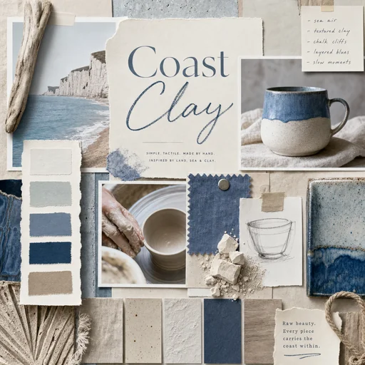 Coastal pottery moodboard with blue glaze, chalk cliffs and clay textures.