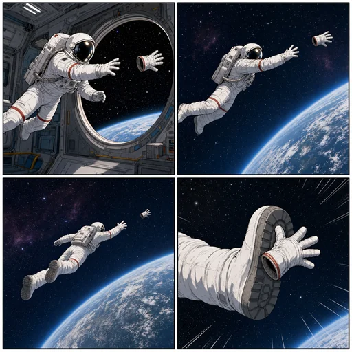 Four wordless panels follow an astronaut chasing a glove and catching it against a boot.