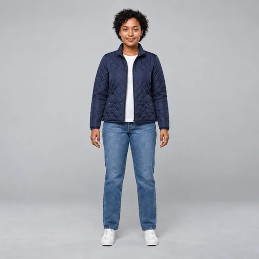 Woman wearing a navy quilted jacket over a white T-shirt with jeans and white sneakers in a gray studio.