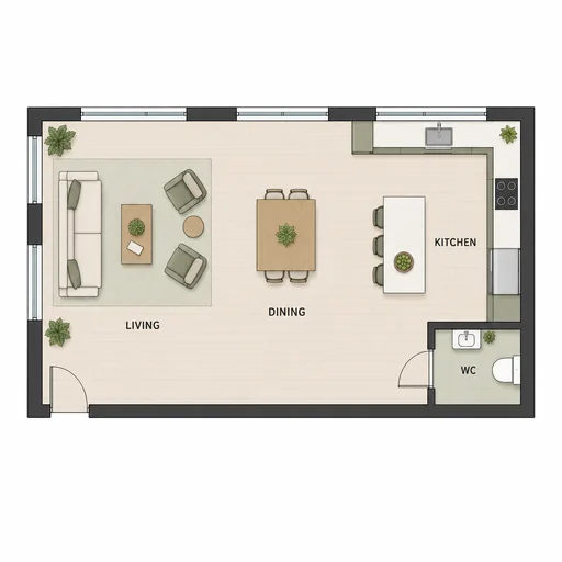 Refined open plan floor layout preserving the original layout, labels and furnishings.