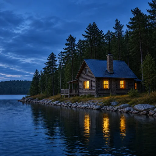 A lakeside log cabin with glowing windows stands among pine trees under a blue evening sky, reflected in the water.