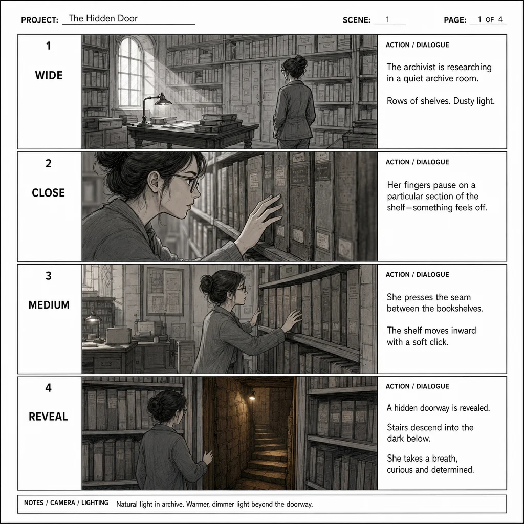 Four storyboard frames show an archivist discovering a hidden door in a library, labeled WIDE, CLOSE, MEDIUM and REVEAL.