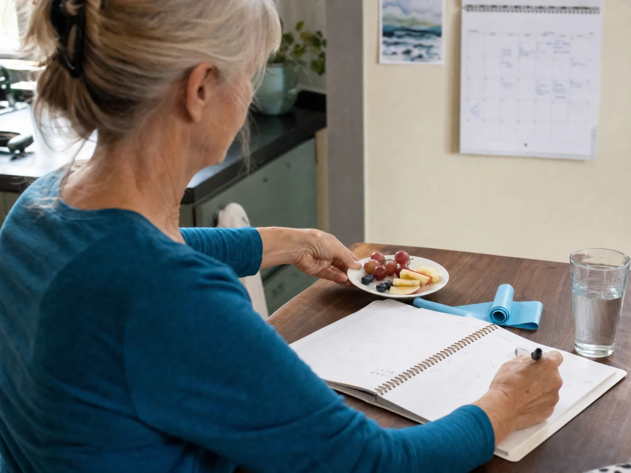 Older adult at a kitchen table placing a small plate of fruit while checking an open paper planner; the planner page is partially covered by the person's hand and out of focus, with a folded resistance band and water glass nearby and a blurred wall calendar behind.