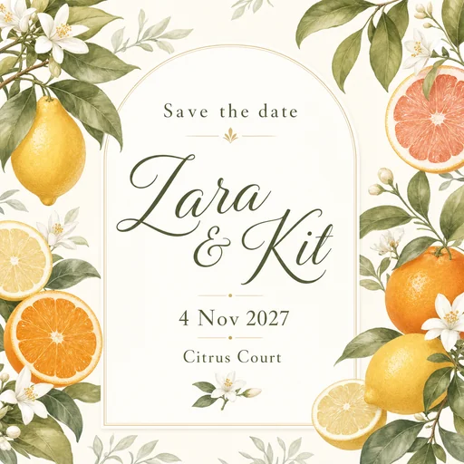 Save-the-date card for Zara & Kit, 4 Nov 2027, Citrus Court.