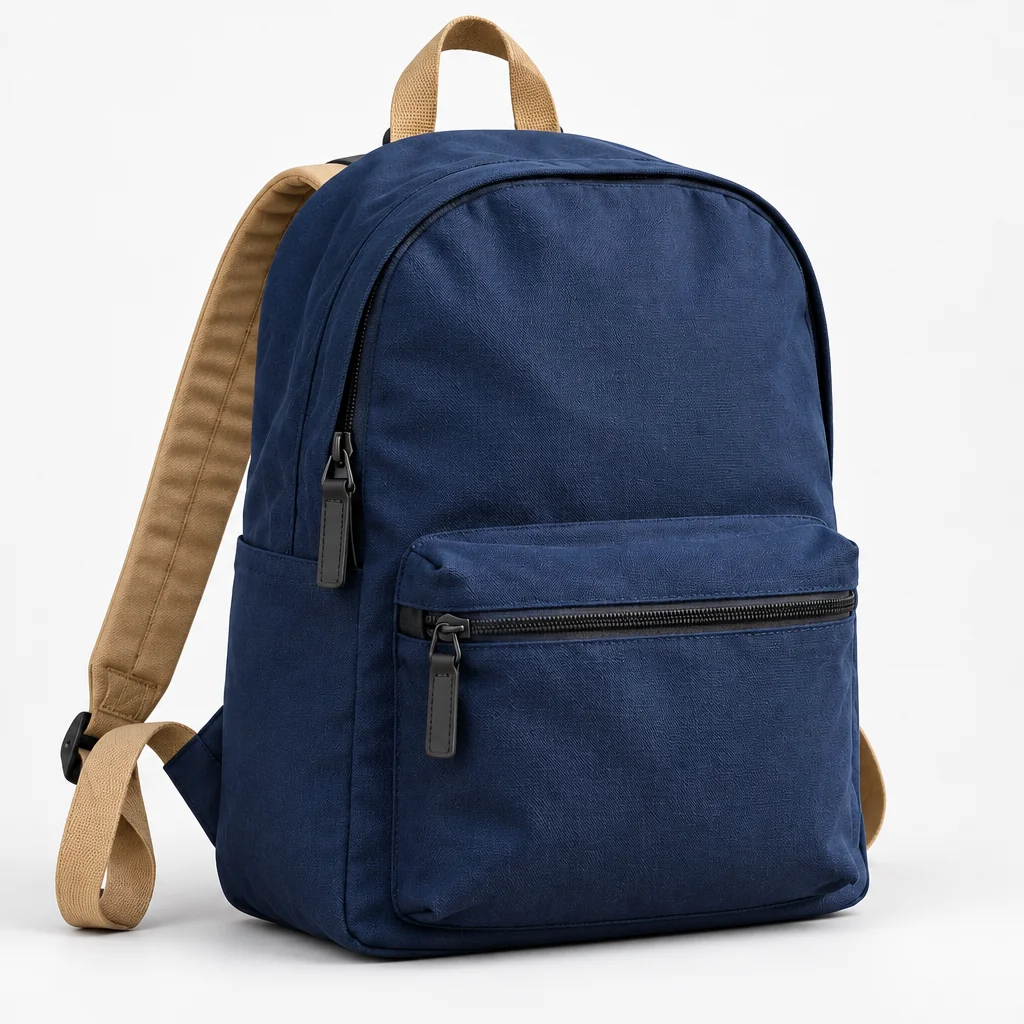 Navy canvas backpack with tan straps and black zippers on a pale studio background with a soft shadow.