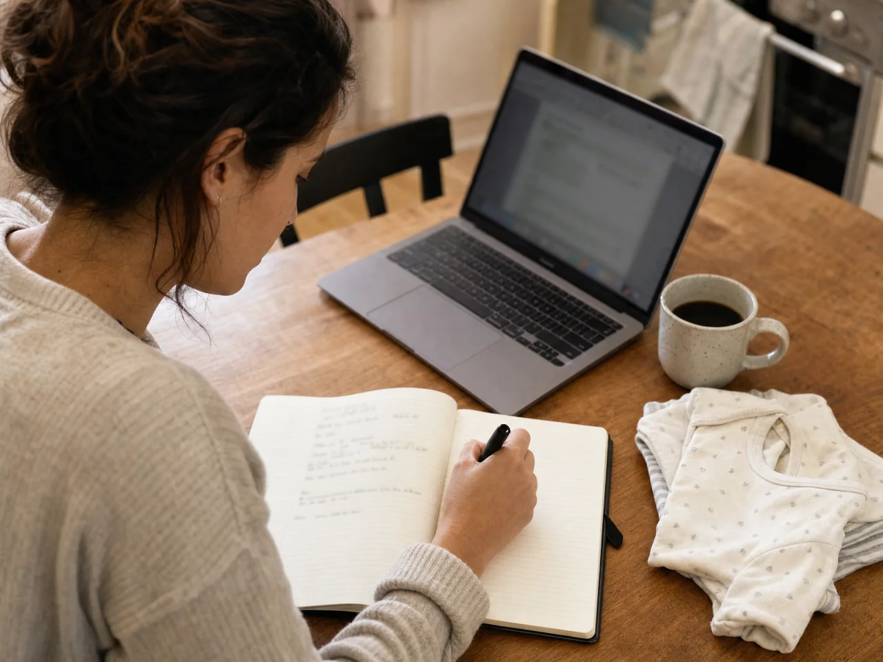 Parent writing notes at a kitchen table with a laptop and a folded baby onesie beside them