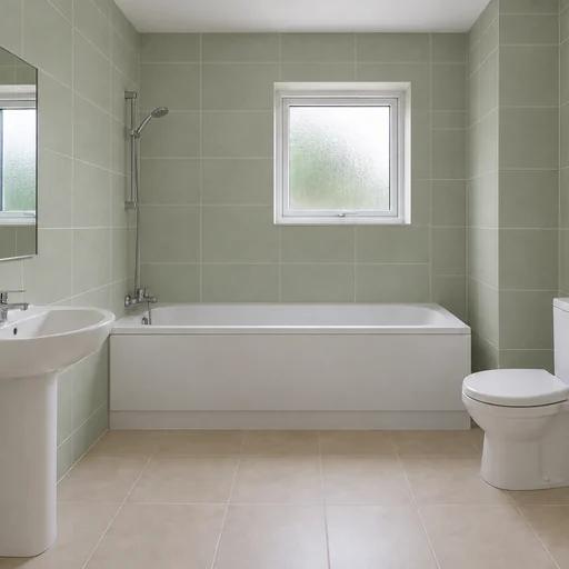 The reference bathroom with pale sage matte wall tiles and existing fixtures.