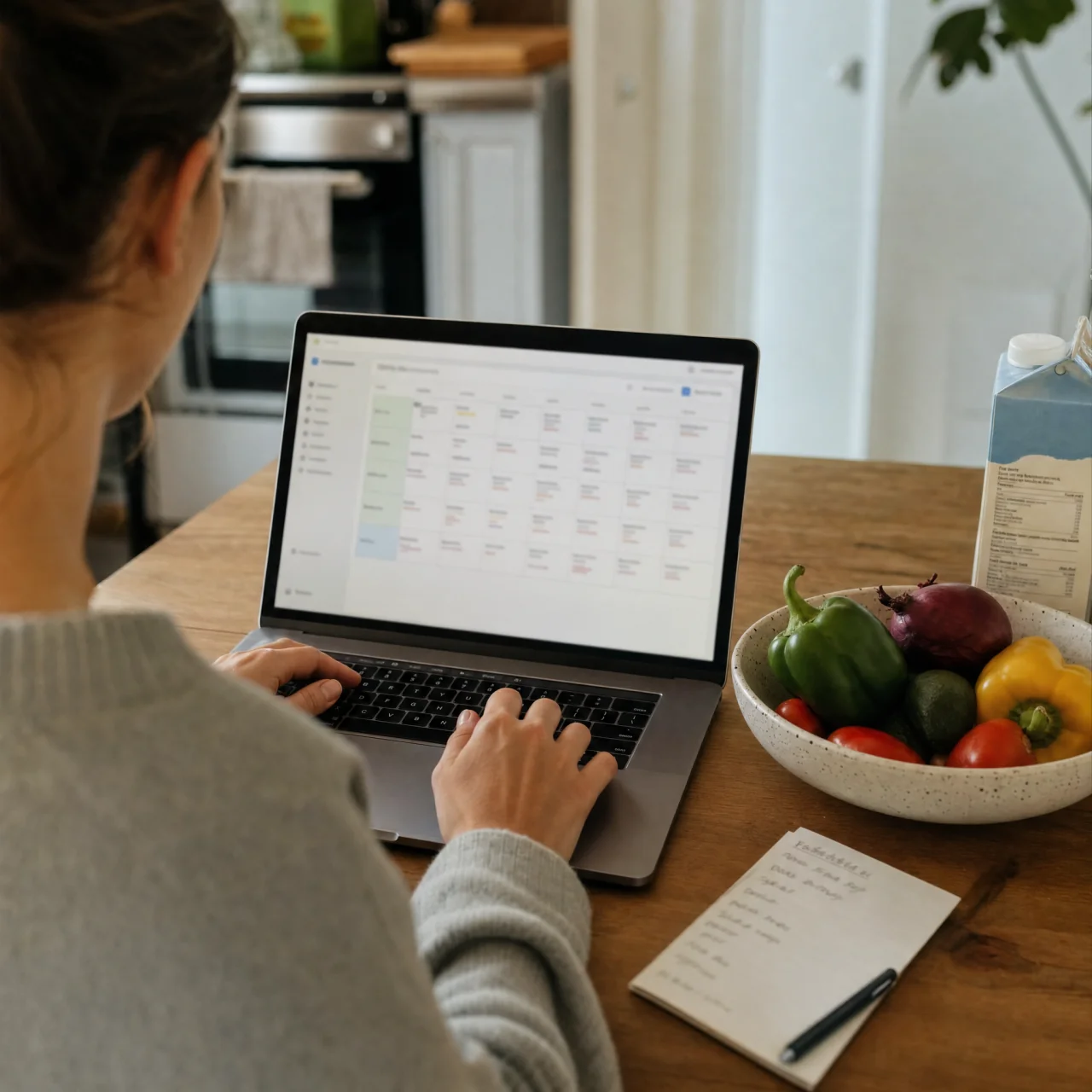 Person typing on a laptop at a kitchen table with a meal-plan draft on screen and a handwritten grocery notecard nearby, suggesting creation of a seven-day plan and shopping list.