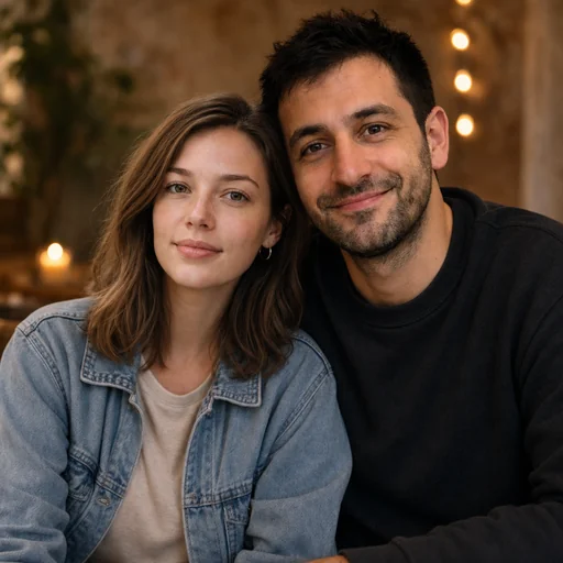 Warm portrait of two selected catalog people in a denim jacket and dark sweater.