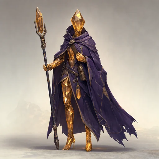 An amber crystalline traveler in a dark violet cloak stands quietly with a slender crystal-tipped staff.