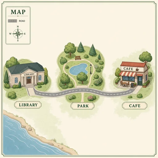 Illustrated Library, Park and Cafe linked west to east by one road.