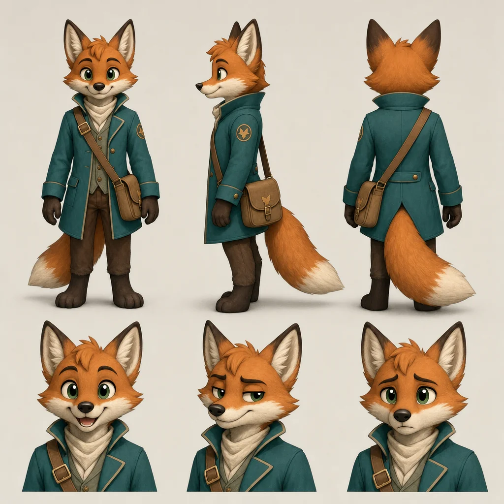 Fox satchel remains anatomical left: viewer-right in front, viewer-left at back; consistent left-side profile, teal coat and three expression callouts