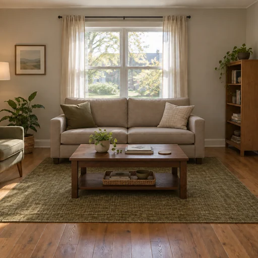 Living room with a taupe sofa, dark-oak coffee table and olive rug.
