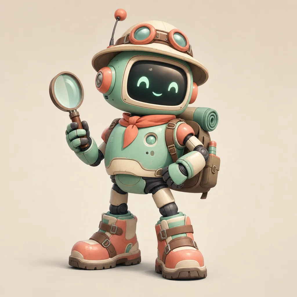 Friendly mint-and-coral robot explorer with magnifier, expedition hat and sturdy boots.