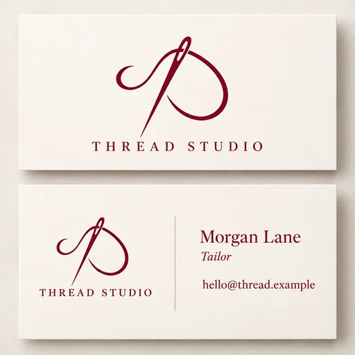 THREAD STUDIO two-sided business card with burgundy needle-and-thread logo and Morgan Lane contact details.