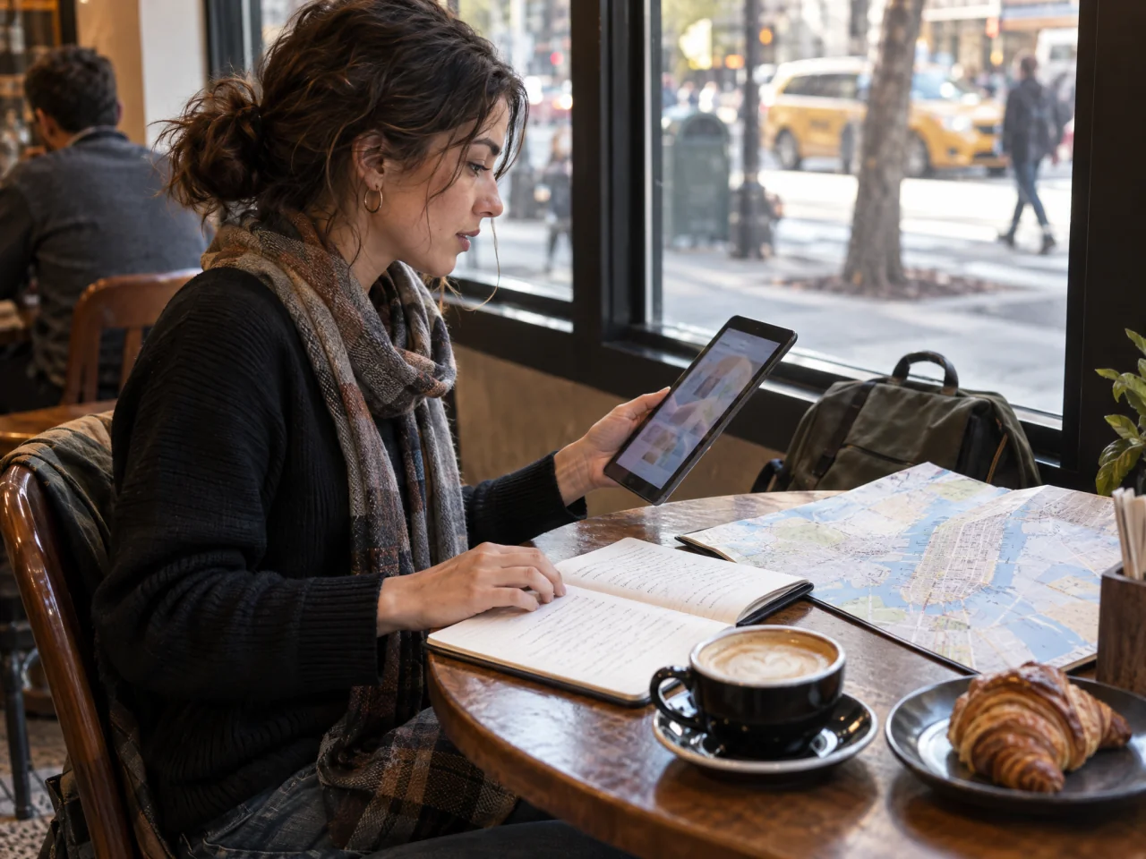 Traveler at a café table consulting a tablet tilted toward them, beside an open notebook and a partially unfolded New York City map.