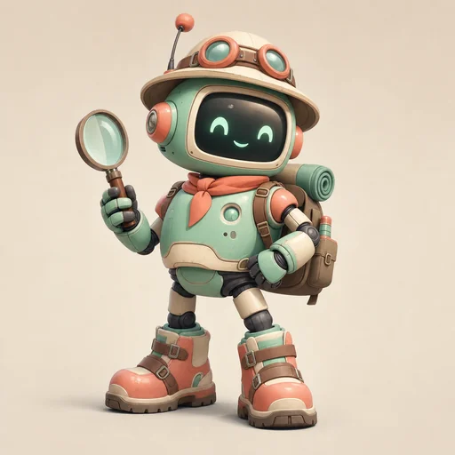Friendly mint-and-coral robot explorer with magnifier, expedition hat and sturdy boots.