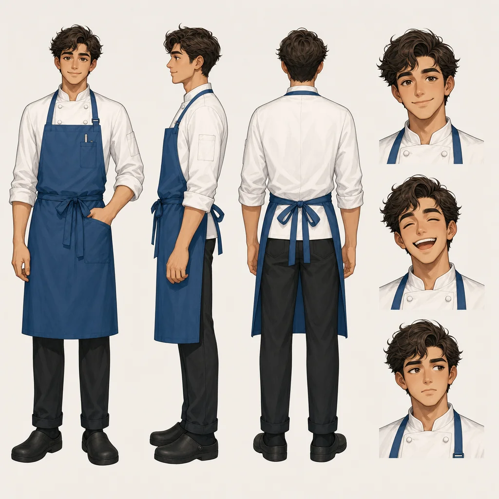 A pastry chef with blue apron and rolled sleeves in three views and three expressions.