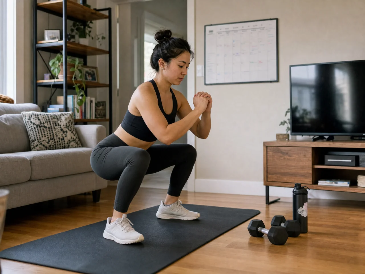 Person doing bodyweight squats on an exercise mat indoors with light dumbbells and a water bottle nearby; a wall calendar is visible in the background.
