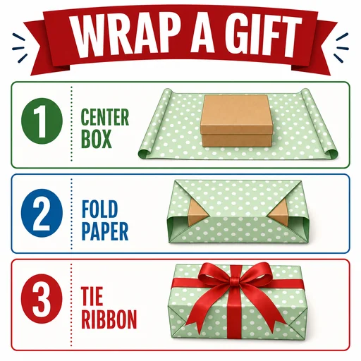 WRAP A GIFT poster with centering, folding and ribbon stages.