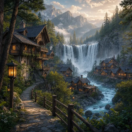 Timber village among pines beside a broad waterfall and stone paths in morning mist.