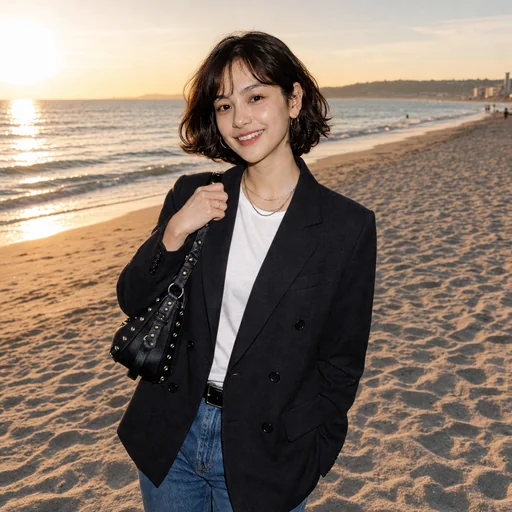 Original black-blazer portrait with handbag on a sandy beach at sunset.