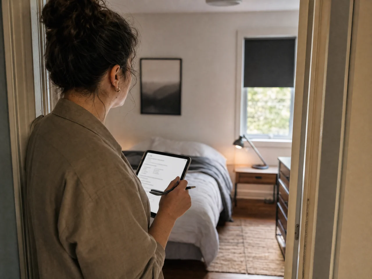 Person standing in a small bedroom doorway holding a right-side-up notepad or phone facing them, pen poised and looking over the room; the page is blurred and not readable.
