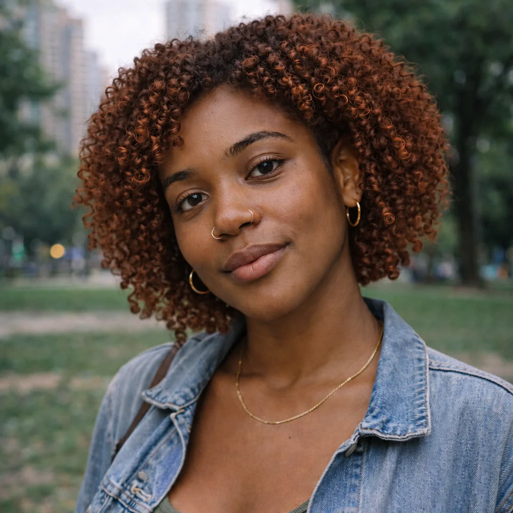 A woman in a denim jacket with copper-colored curls and darker roots.