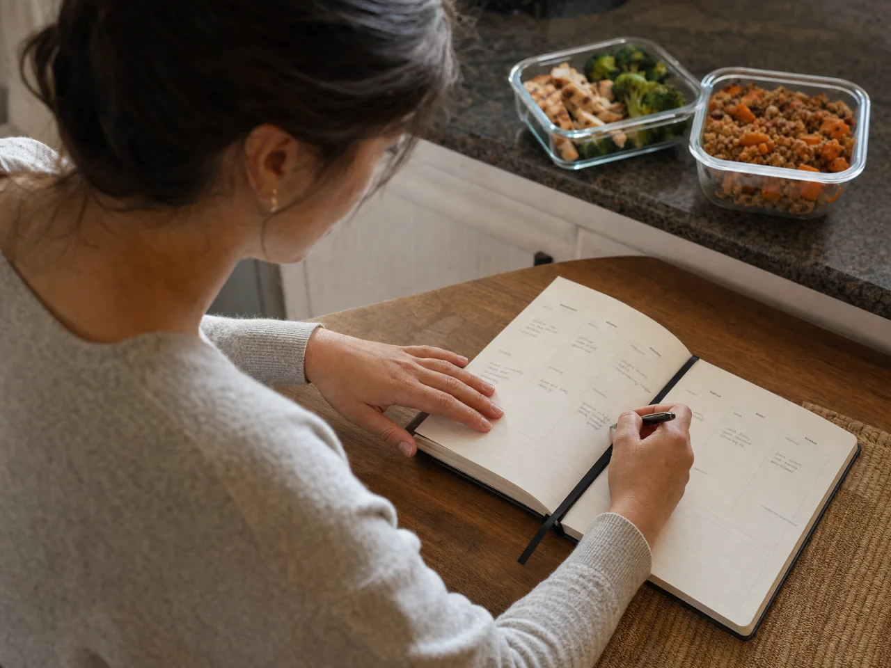 Person writing in a weekly planner at a kitchen table with two prepped meal containers visible on the counter behind them, illustrating scheduling meals and simple habits for the week.