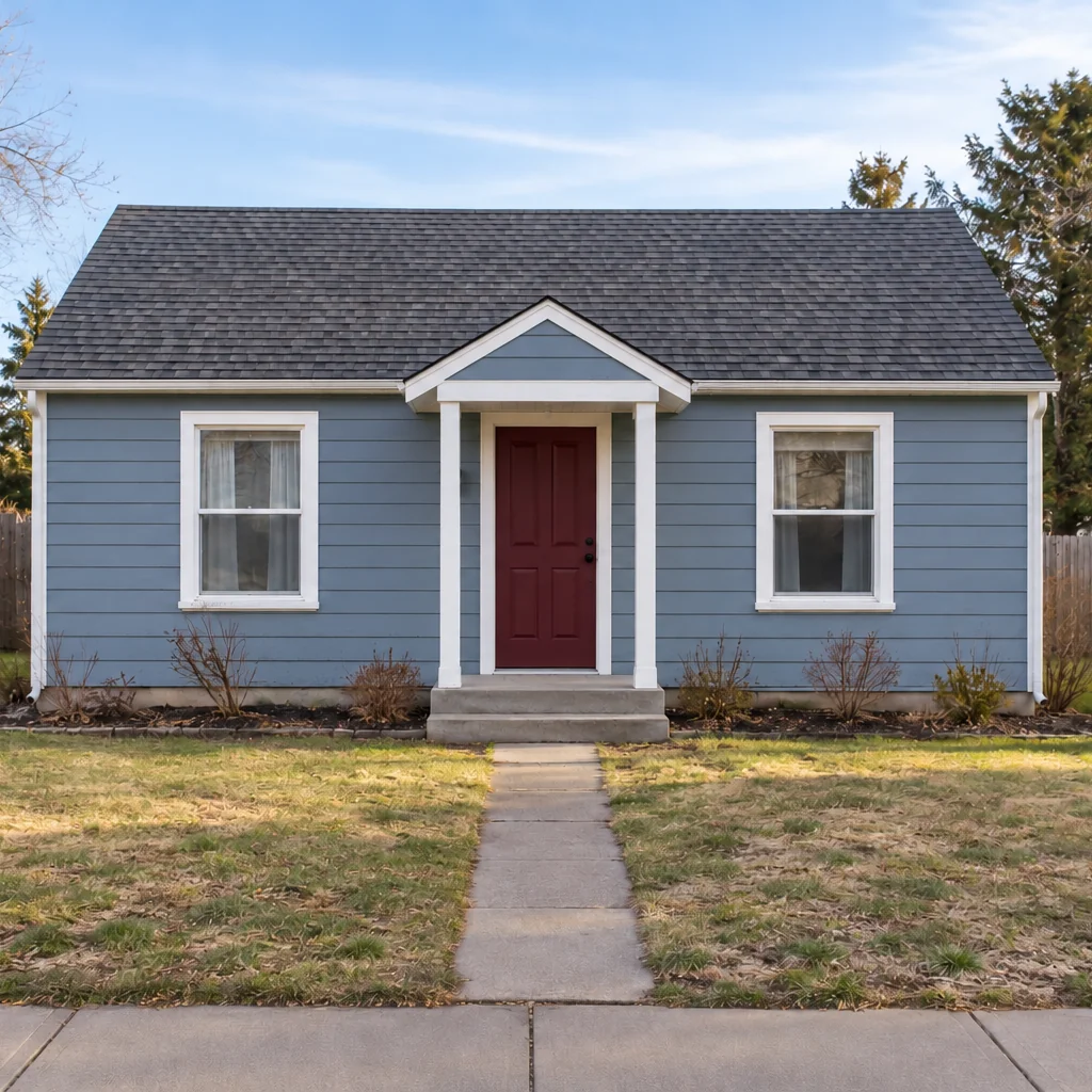 Small house with dusty-blue siding, white trim and a burgundy door, with its existing lawn and concrete path.