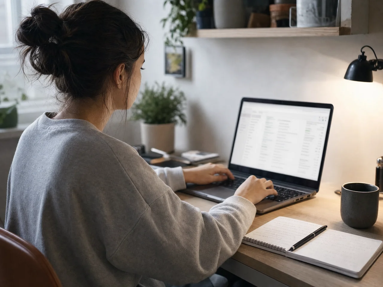Person at a small desk typing on a laptop to enter preferences for a desk mobility routine