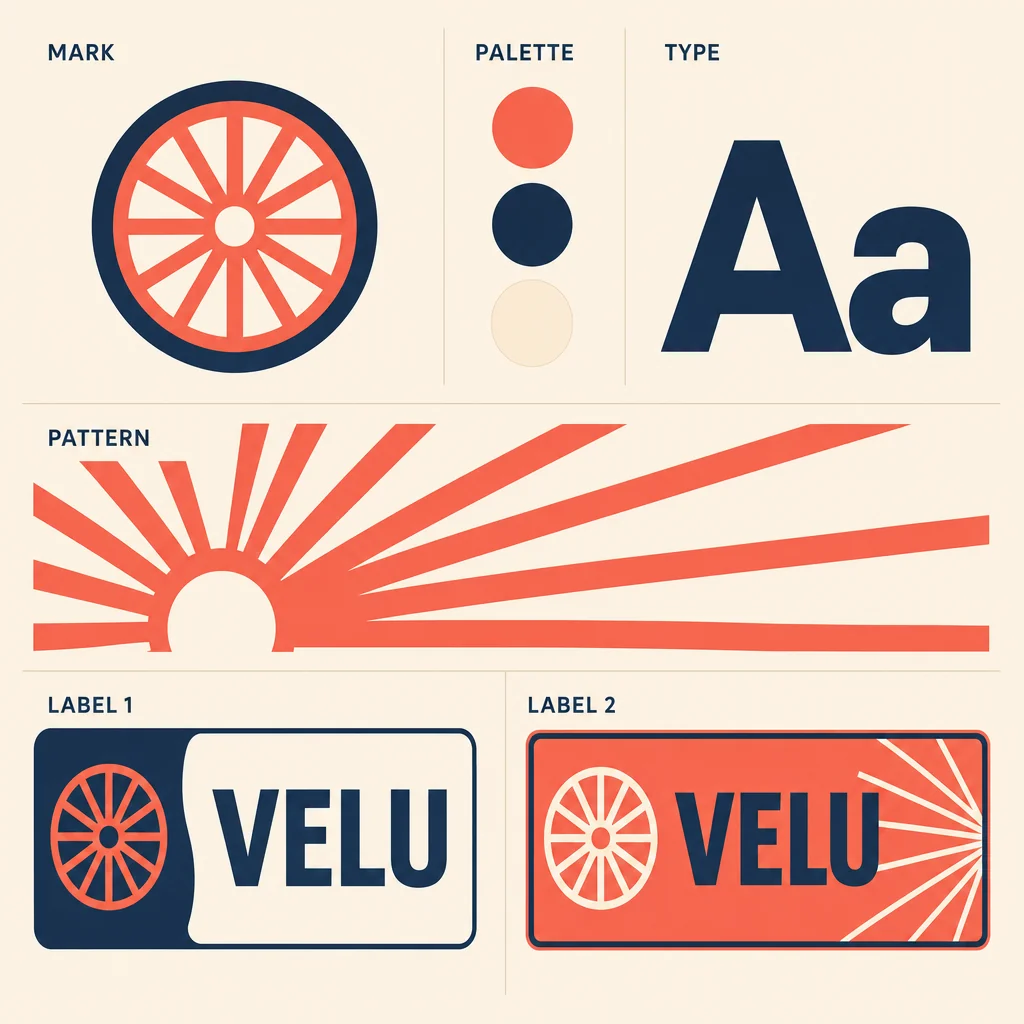 VELU wheel mark, coral/navy/cream palette, bold Aa and spoke motif are present.