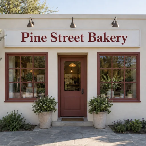 Cream stucco storefront with burgundy trim and a sign reading Pine Street Bakery.