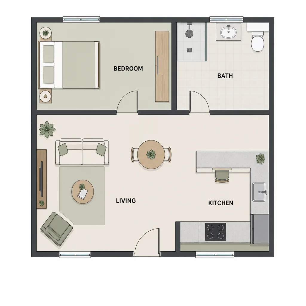 Unmeasured top-down one-bedroom home plan retaining its bedroom, bath, living area, kitchen and furniture arrangement.