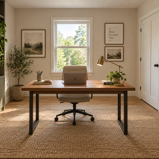 Home office with a wooden desk, upholstered chair, green built-in shelving and a central window.