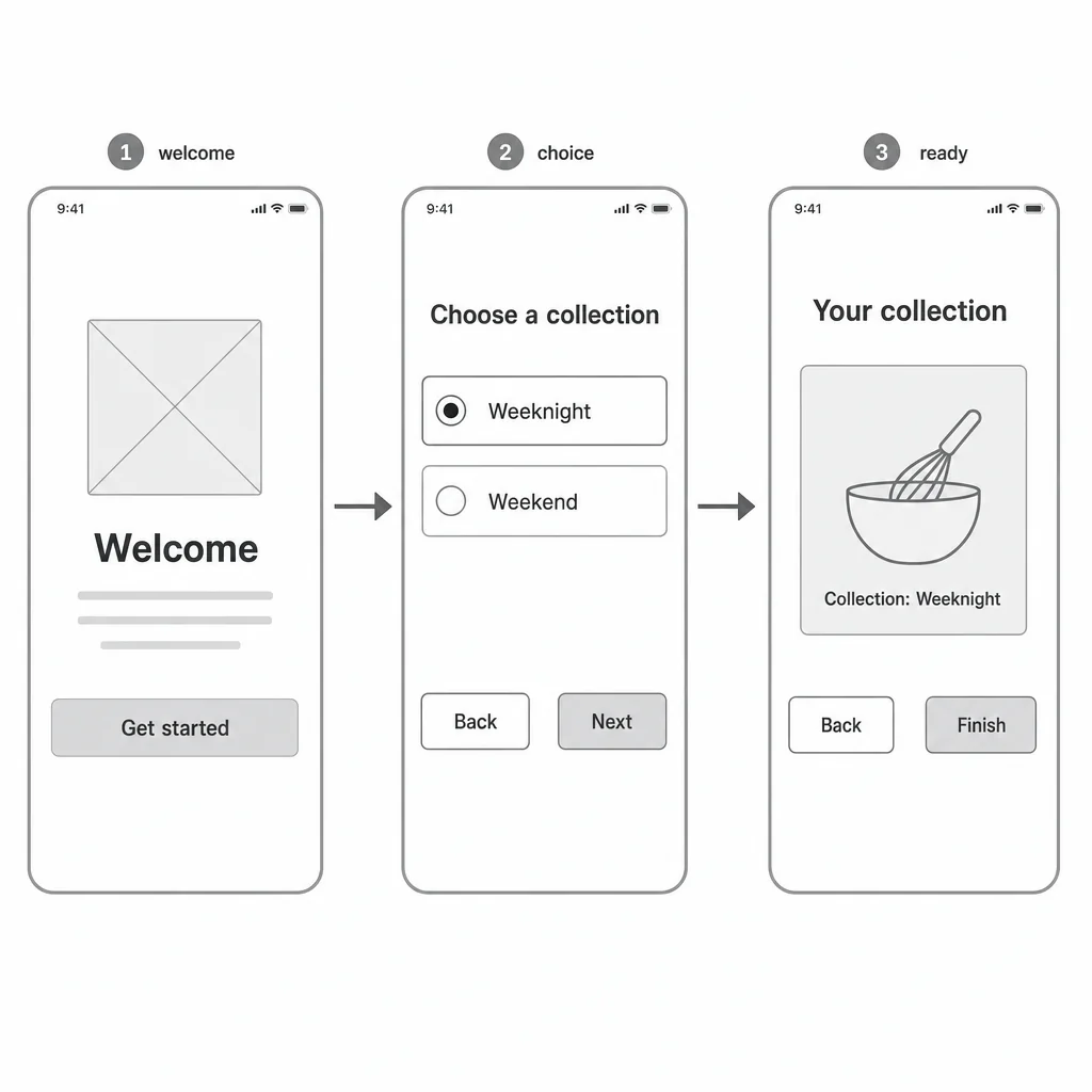 Three recipe screens, two rightward arrows, Weeknight selected and Collection: Weeknight result; exact controls and primary copy readable.