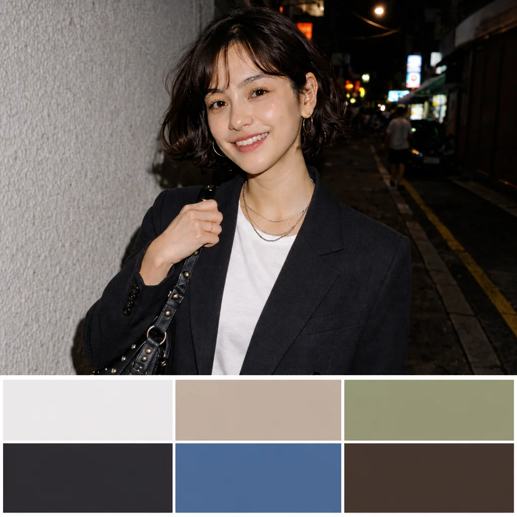 Portrait above six wardrobe color swatches in a three-column, two-row grid.