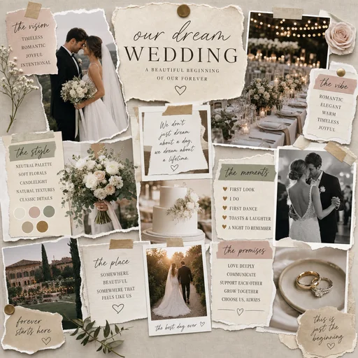A wedding vision board layers romantic celebration images with style, moments and promises sections.
