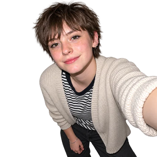 Background-removed leaning selfie in a cream cardigan and striped top.