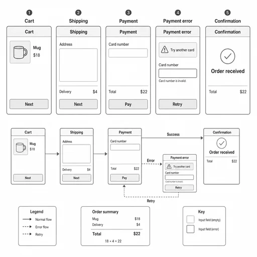 The five distinct states and lower flow show Cart→Shipping→Payment→Confirmation, direct Success, Payment→error, and error→Payment Retry. Supplied $18+$4=$22 arithmetic is correct.