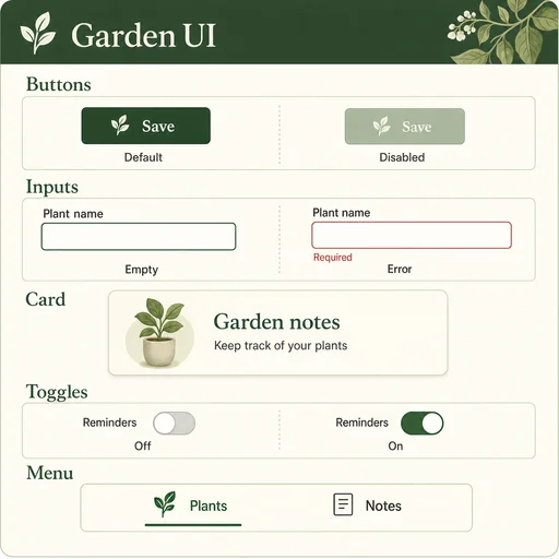 Five example-b UI component groups with accepted exact copy, required controls and explicit states.
