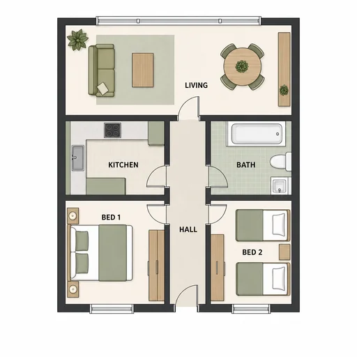 Rectangular two-bedroom floor plan with a central hall, kitchen and bath on either side, and a living and dining room at the far end.