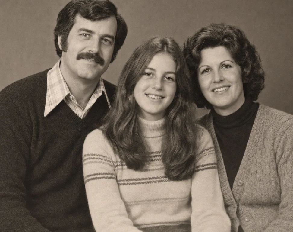 Actual repaired warm monochrome portrait of the same three family members; final accepted restoration.