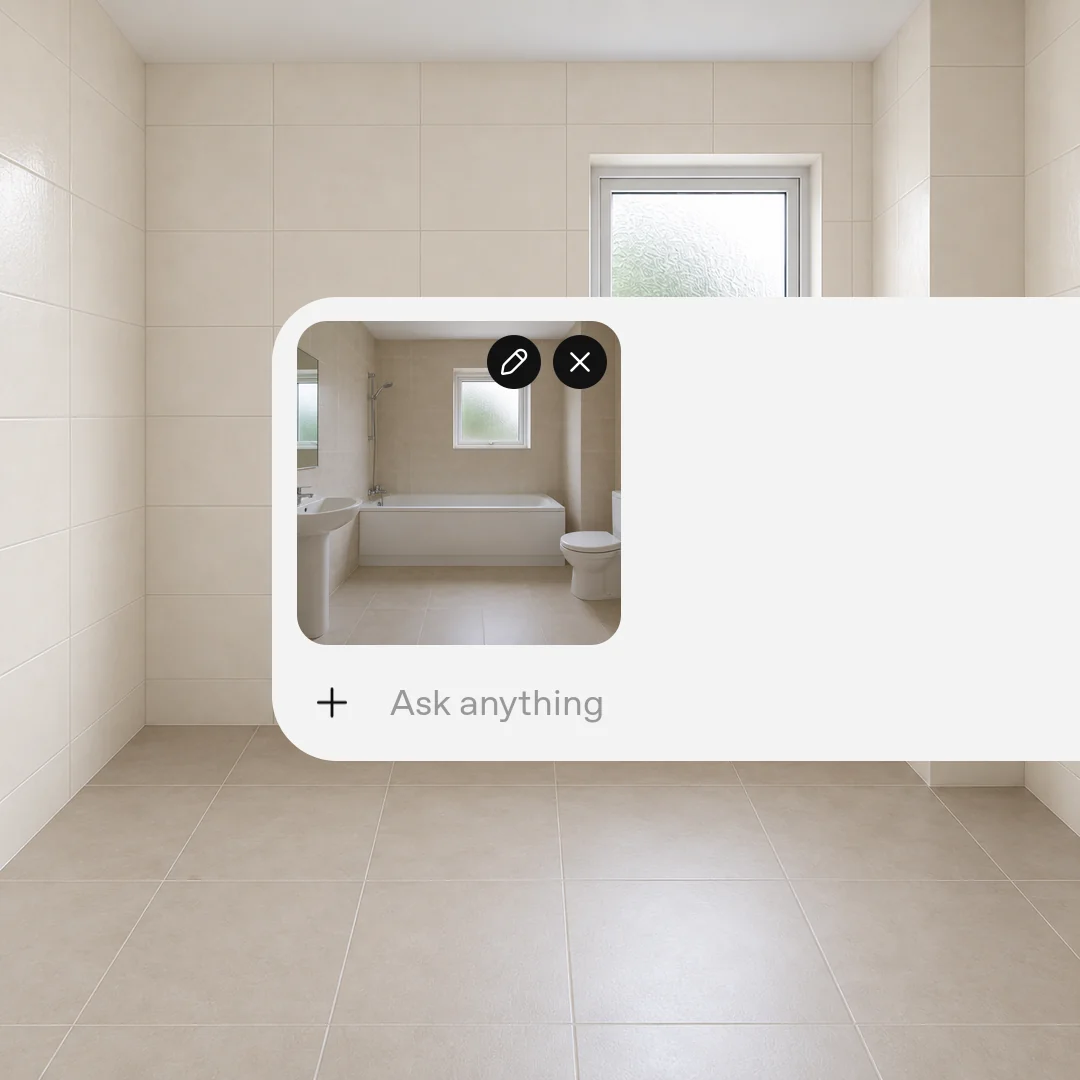 Step 1: Upload your bathroom photo. The same bathroom with ivory satin wall tiles and its original floor and fixtures.