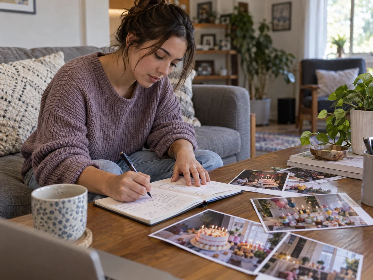 A young adult writes in a notebook at a living-room coffee table beside photographs of a birthday cake and a decorated outdoor snack table.