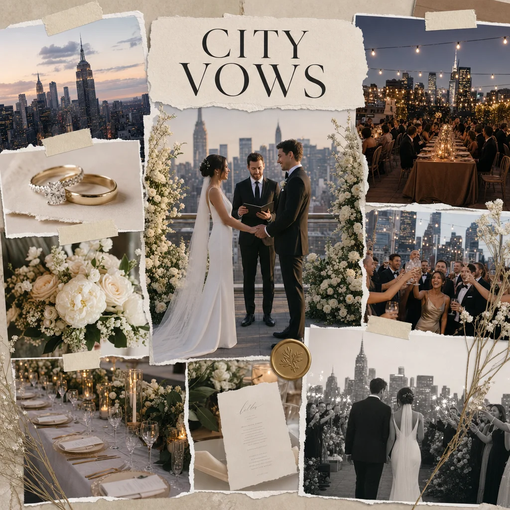 CITY VOWS board now centers the wedding couple/vows, rings, flowers, reception and city skyline; career/finance/fitness goals removed.