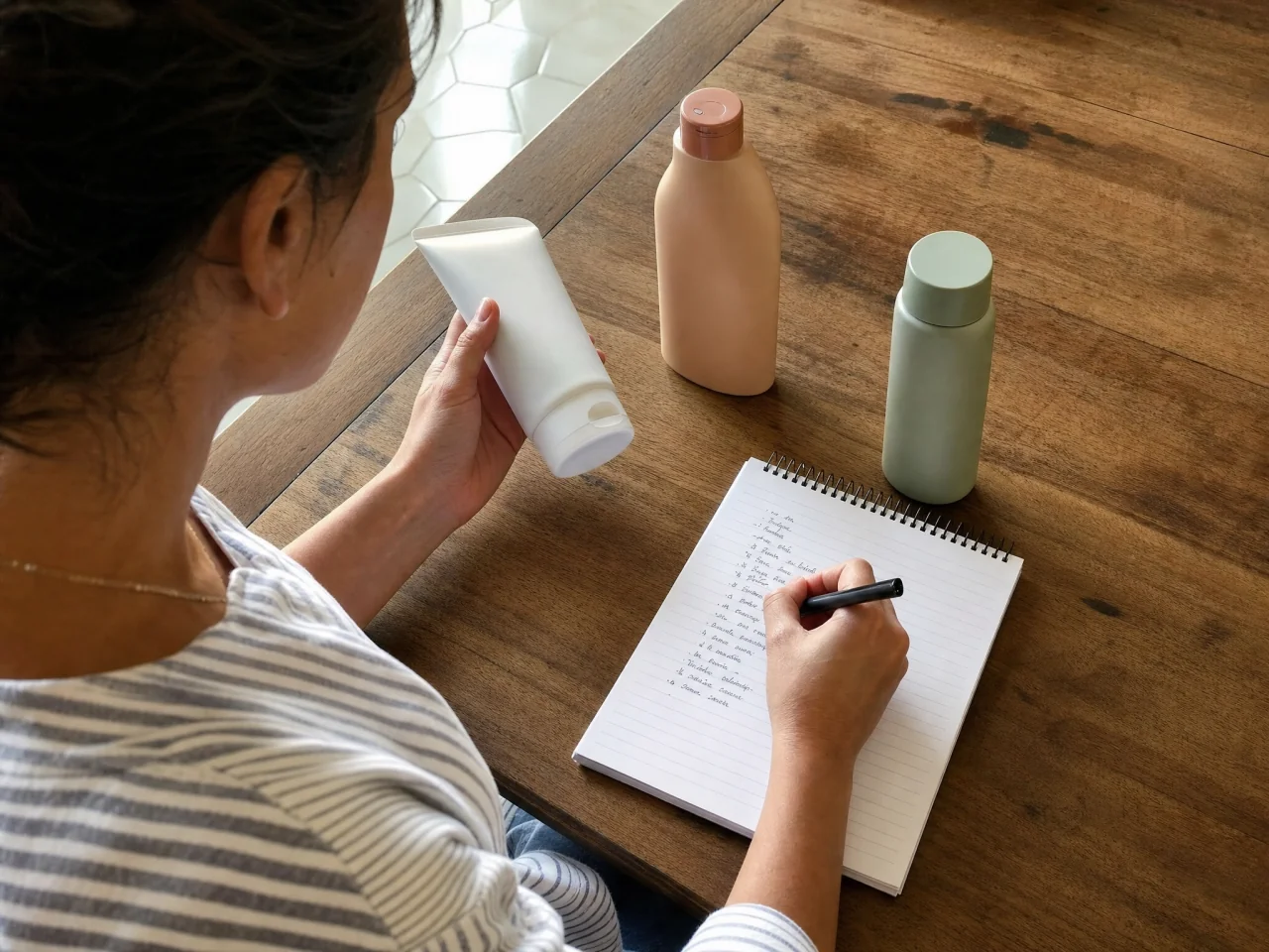Overhead view of a person writing a short personal care shopping list with several unlabeled product samples nearby.